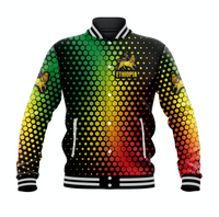 Multicolor honeycomb baseball jacket with Ethiopia text, lion crest, striped rib trim