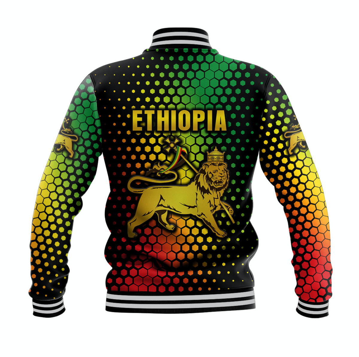 Back view multicolor honeycomb baseball jacket with Ethiopia text and roaring lion graphic