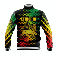 Back view multicolor honeycomb baseball jacket with Ethiopia text and roaring lion graphic