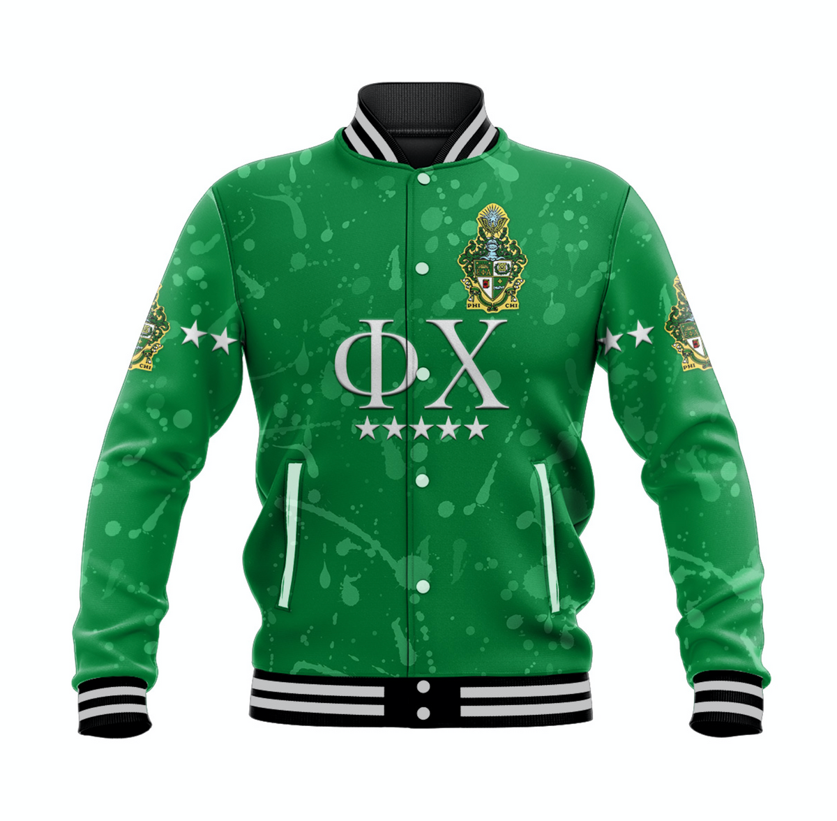 Green baseball jacket with striped collar, snap buttons, and crest logo