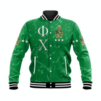Green baseball jacket with striped collar, front snap placket, and Phi Chi crest