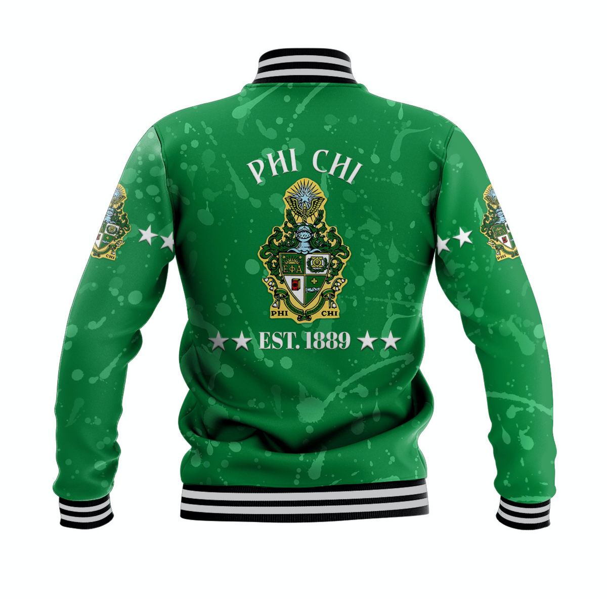 Green baseball jacket back print with crest, stars, and striped rib hem