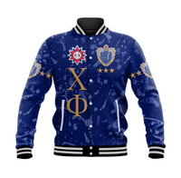 Blue unisex baseball jacket with ribbed striped collar, front crest and pockets