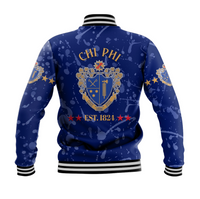 Back view: blue unisex baseball jacket with CHI PHI crest, stars, ribbed hem
