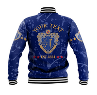 Blue unisex baseball jacket back with crest and 'YOUR TEXT' lettering, ribbed striped cuffs
