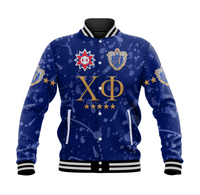 Blue unisex baseball jacket with front button placket and crest graphic, ribbed cuffs