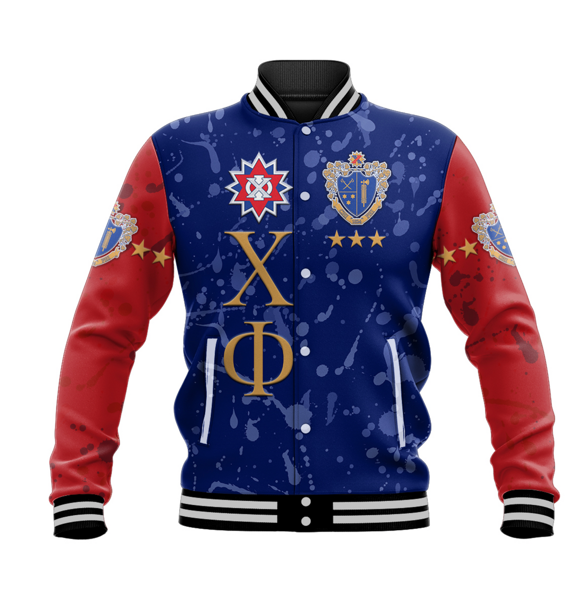 Blue and red baseball jacket with striped collar, snap front, front crest graphic