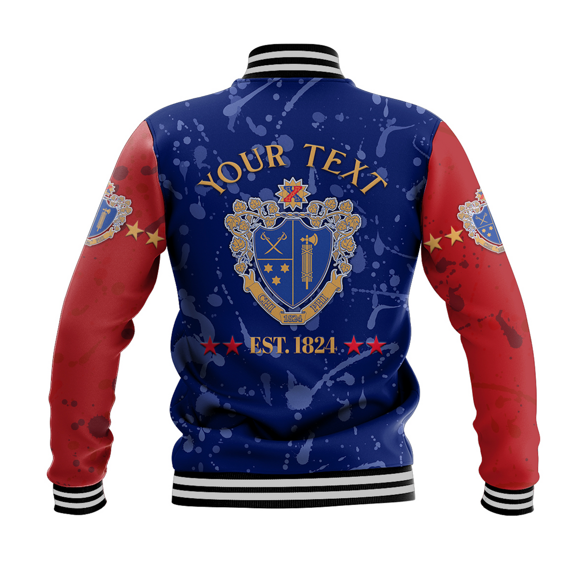 Blue baseball jacket back with crest and YOUR TEXT print, red sleeves, striped ribbed hem