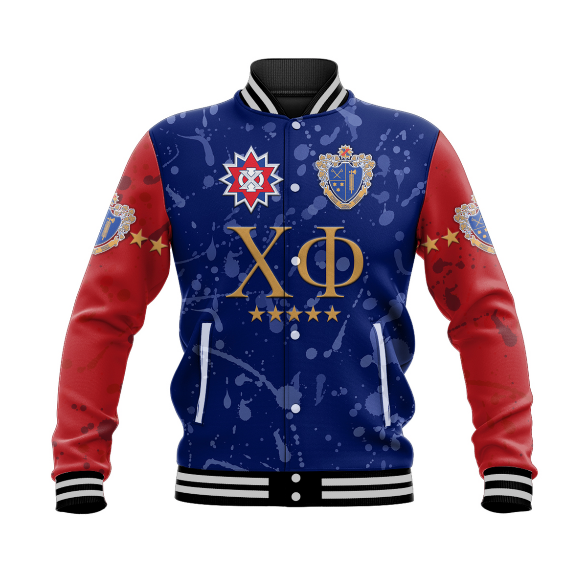 Blue varsity baseball jacket, red sleeves, snap front, Chi Phi crest and letters