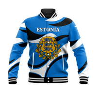 Blue baseball jacket with striped sleeves, ESTONIA text, crest emblem, snap front