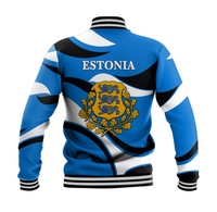 Blue baseball jacket back view with ESTONIA text, crest emblem, striped panel and hem