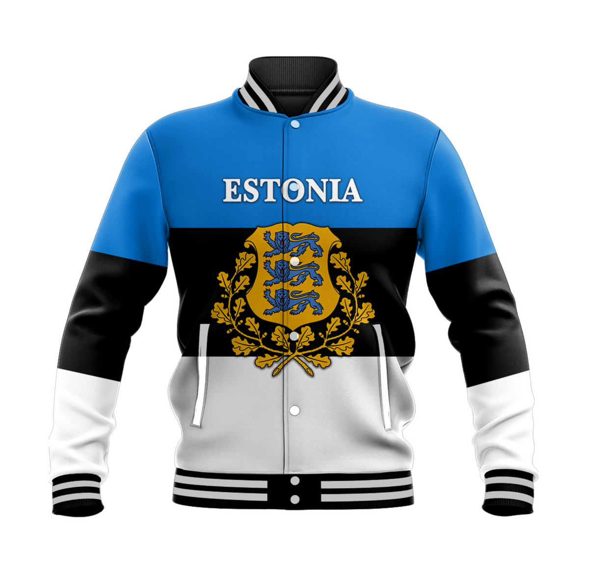 Blue baseball jacket with Estonia text and crest; black/white colorblock, snap front