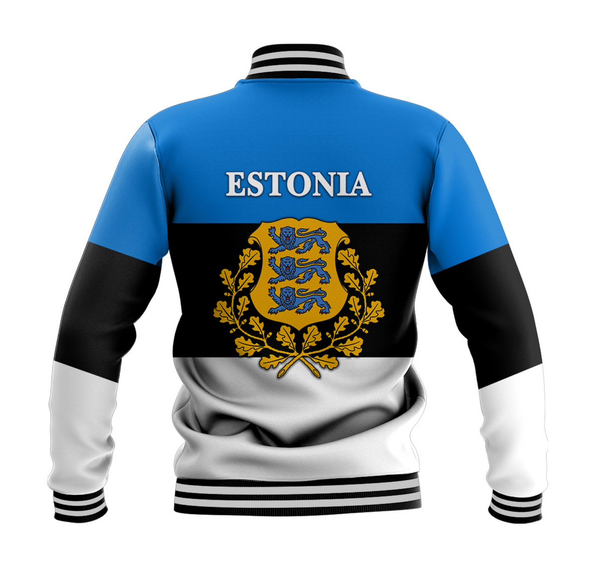 Back view blue baseball jacket with Estonia text and crest; black/white colorblock, striped hem