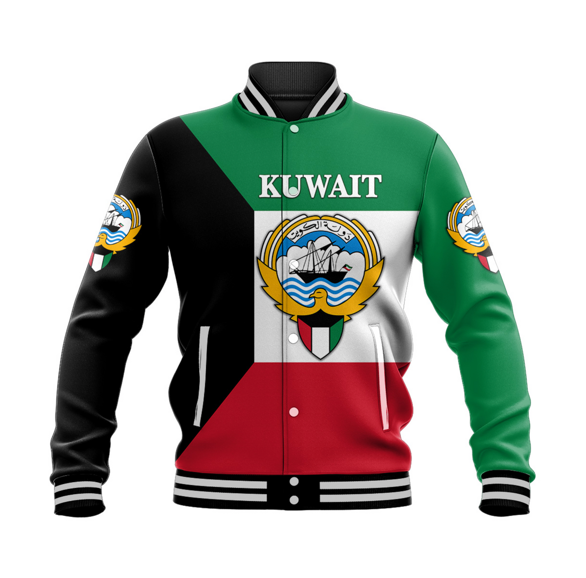 Unisex Kuwait flag style baseball jacket, green/black/red with striped cuffs and collar