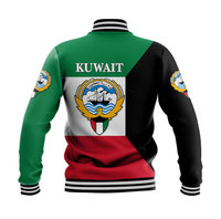 Unisex Kuwait flag baseball jacket back view, green/black with red lower panel and striped hem