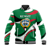 Kuwait green baseball jacket with varsity collar, black/red/white stripes and crest graphic