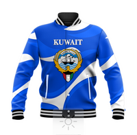 Blue varsity baseball jacket with Kuwait logo, striped cuffs and waistband, snap-front