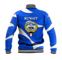 Back view blue baseball jacket with Kuwait crest, white sleeve stripes, ribbed hem and cuffs