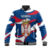 Serbia blue baseball jacket with ribbed collar, front crest and red/white striped sleeves