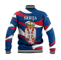 Serbia blue baseball jacket back view with 'SRBIJA' text, crest, red/white wave stripes