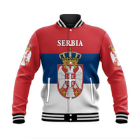 Unisex Serbia baseball jacket, red/blue/white with crest and 'SERBIA' on front