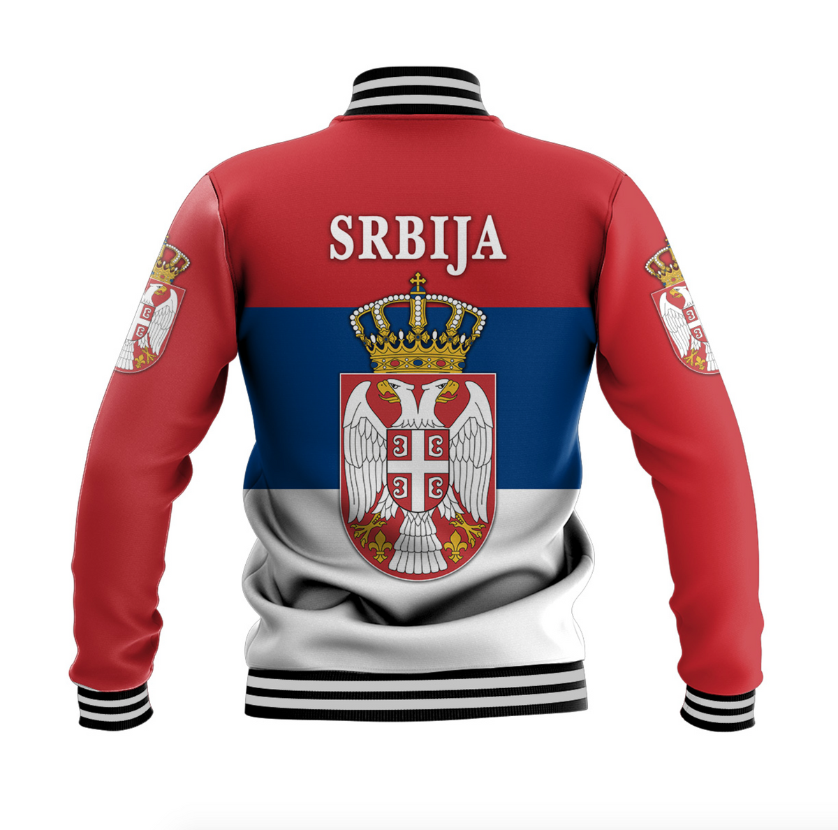 Unisex Serbia baseball jacket back, red/blue/white with crest and 'SRBIJA' text