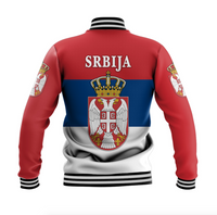 Unisex Serbia baseball jacket back, red/blue/white with crest and 'SRBIJA' text