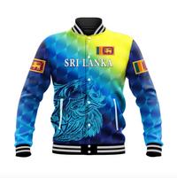 Unisex blue-and-green varsity baseball jacket with Sri Lanka lion graphic and striped rib collar