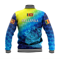 Back view unisex blue varsity jacket with Sri Lanka lion print, striped rib hem and cuffs