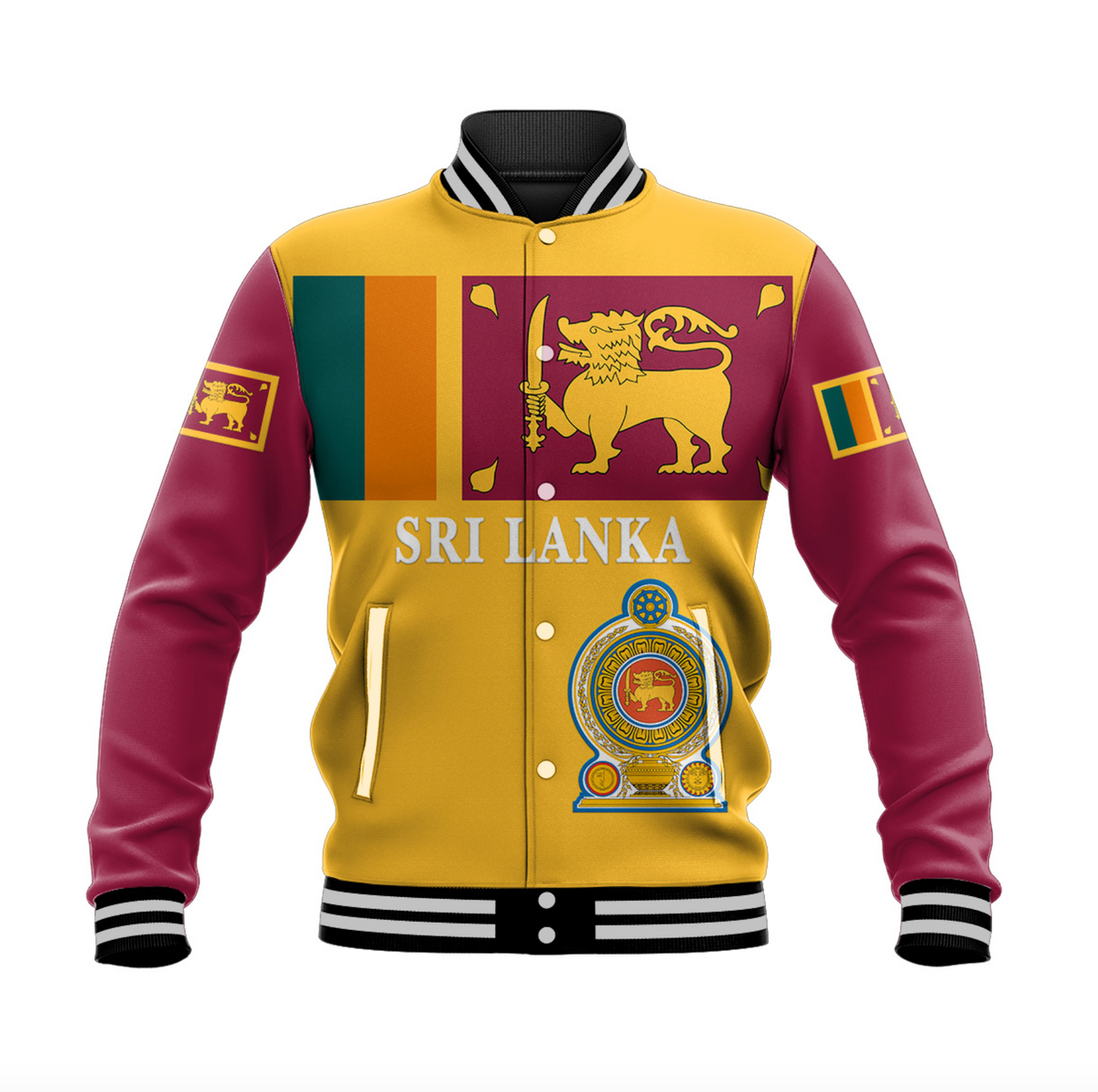 Unisex Sri Lanka baseball jacket, gold with lion flag graphic, striped cuffs and hem