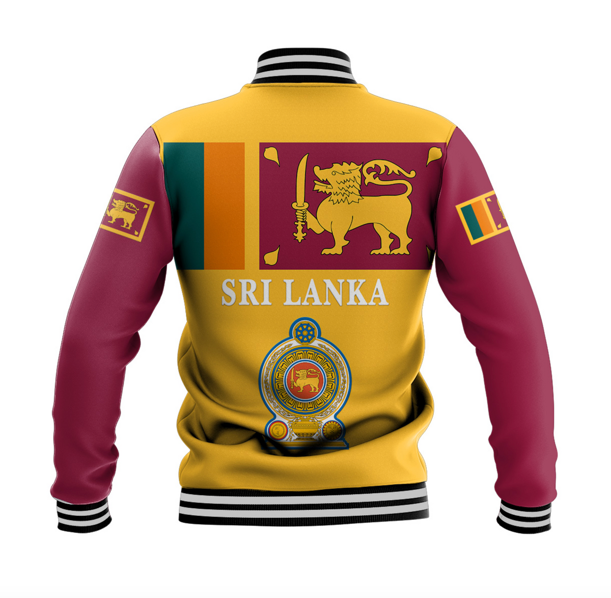 Unisex Sri Lanka baseball jacket back, gold with lion crest and 'SRI LANKA' print