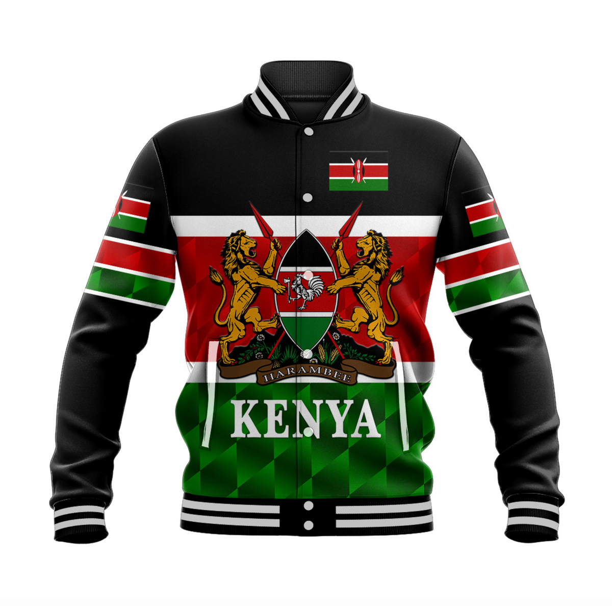 Black unisex baseball jacket with Kenya flag lion crest graphic, snap front, striped rib trim
