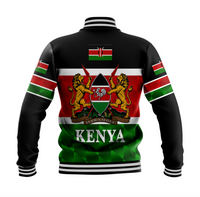 Back of black unisex baseball jacket with Kenya flag lion crest and Kenya text, ribbed striped hem