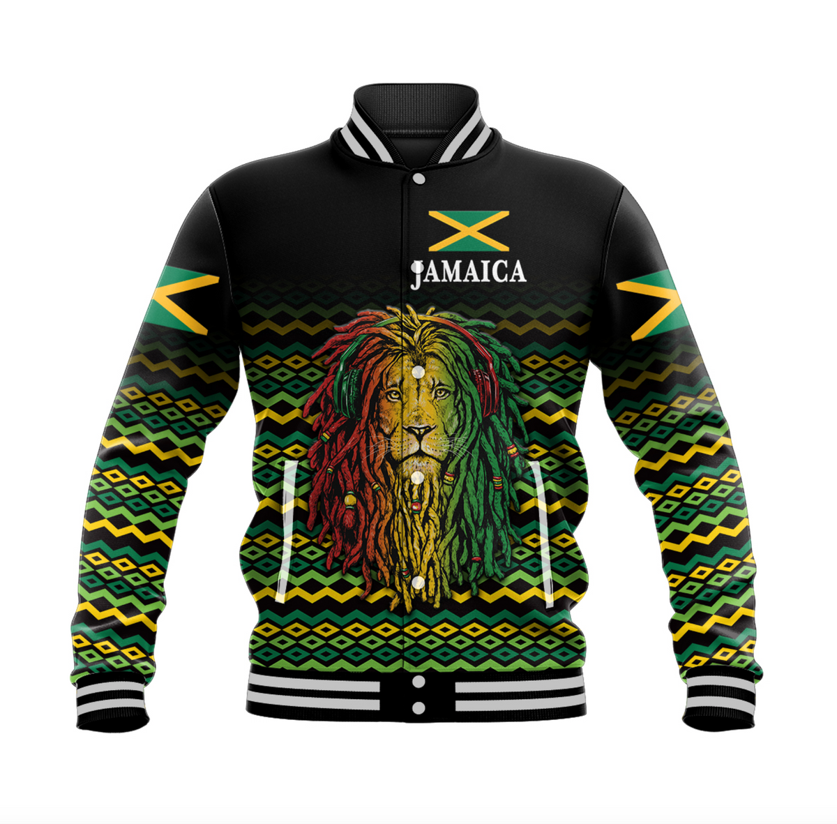 Black unisex baseball jacket with striped collar, Jamaica lion front graphic