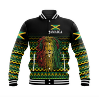Black unisex baseball jacket with striped collar, Jamaica lion front graphic