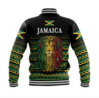 Black unisex baseball jacket with striped collar, Jamaica lion back print and X emblem