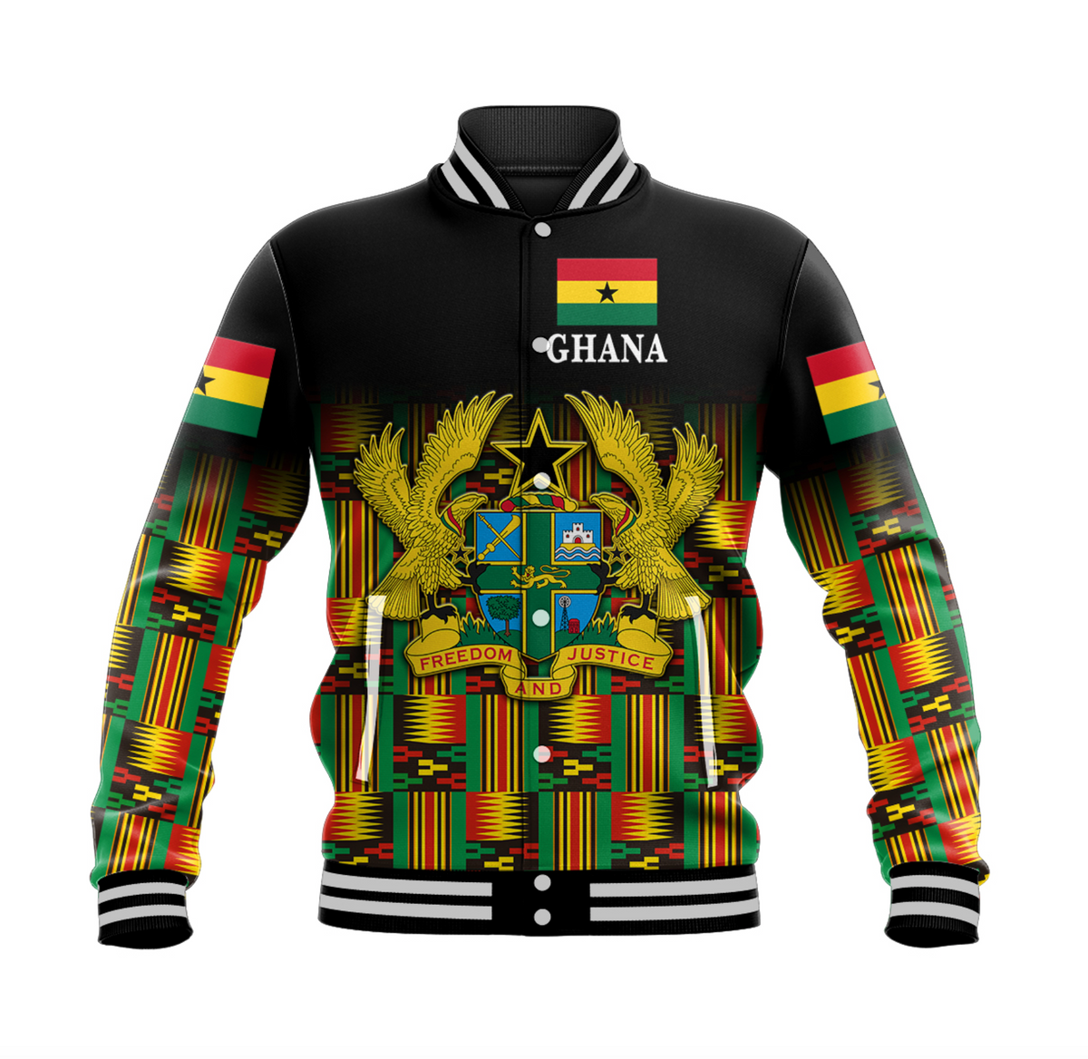 Black unisex baseball jacket with Ghana crest, Kente-style colorful striped sleeves