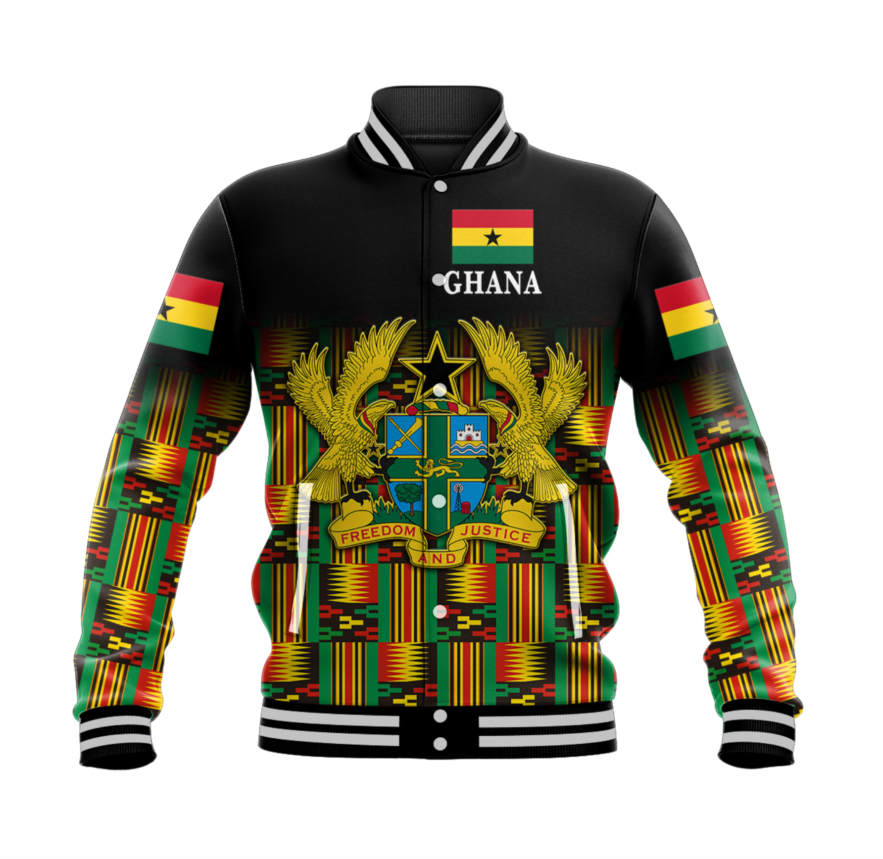 Ghana Baseball Jacket Coat Of Arms Kente Pride LT8 - Wonder Print Shop