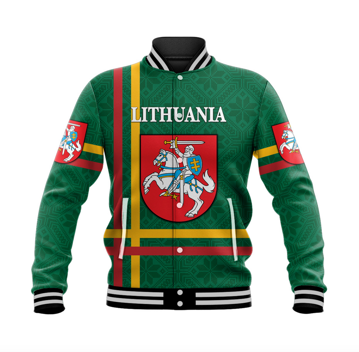 Green Lithuania baseball jacket, front crest patch, striped bands, ribbed collar and cuffs