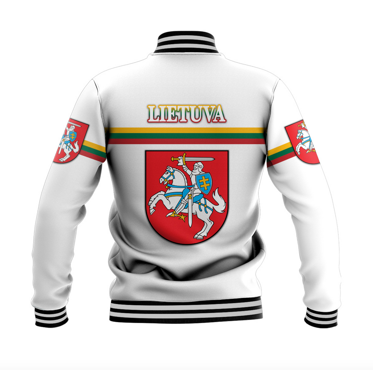 White baseball jacket, Lithuania text and coat-of-arms crest on back, striped hem and cuffs