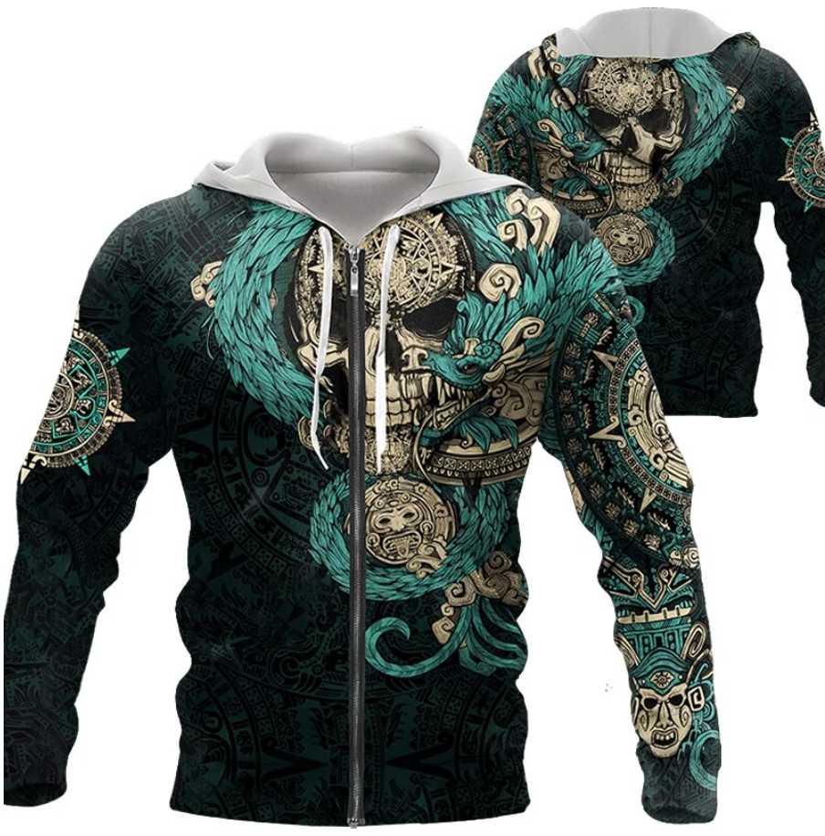 Viking Clothing Aztec Calendar Skull Dragon Hoodie RLT12 - Wonder Print Shop