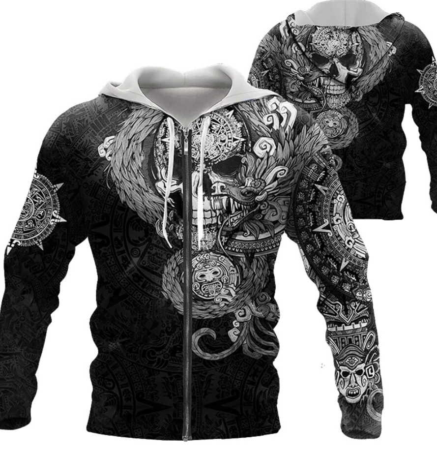 Viking Clothing Aztec Calendar Skull Dragon Hoodie RLT12 - Wonder Print Shop