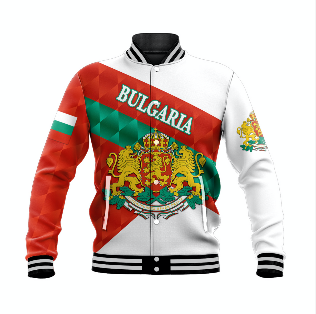 Bulgaria red varsity baseball jacket, white body with crest and striped cuffs