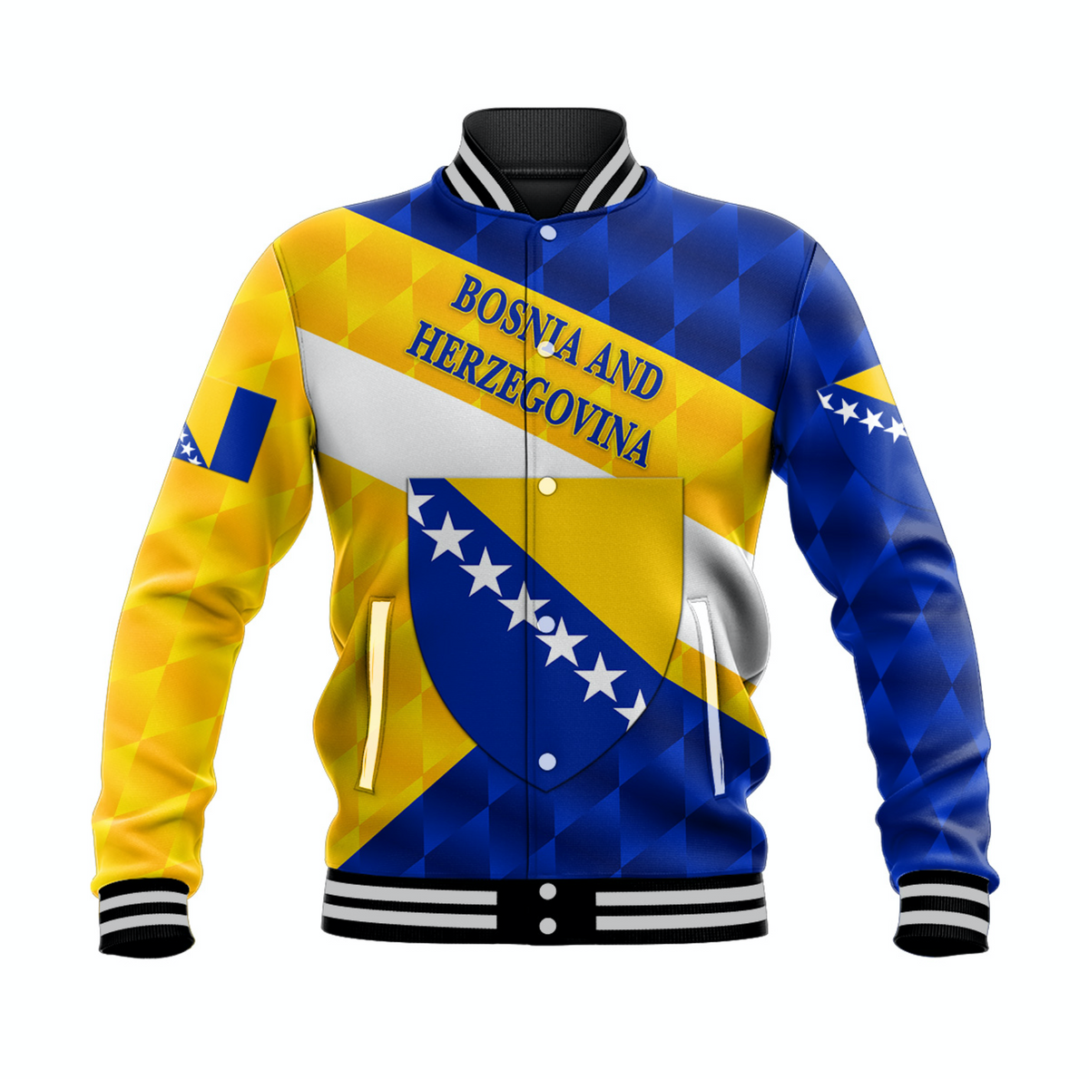 Unisex baseball jacket in blue/yellow with Bosnia and Herzegovina flag graphic