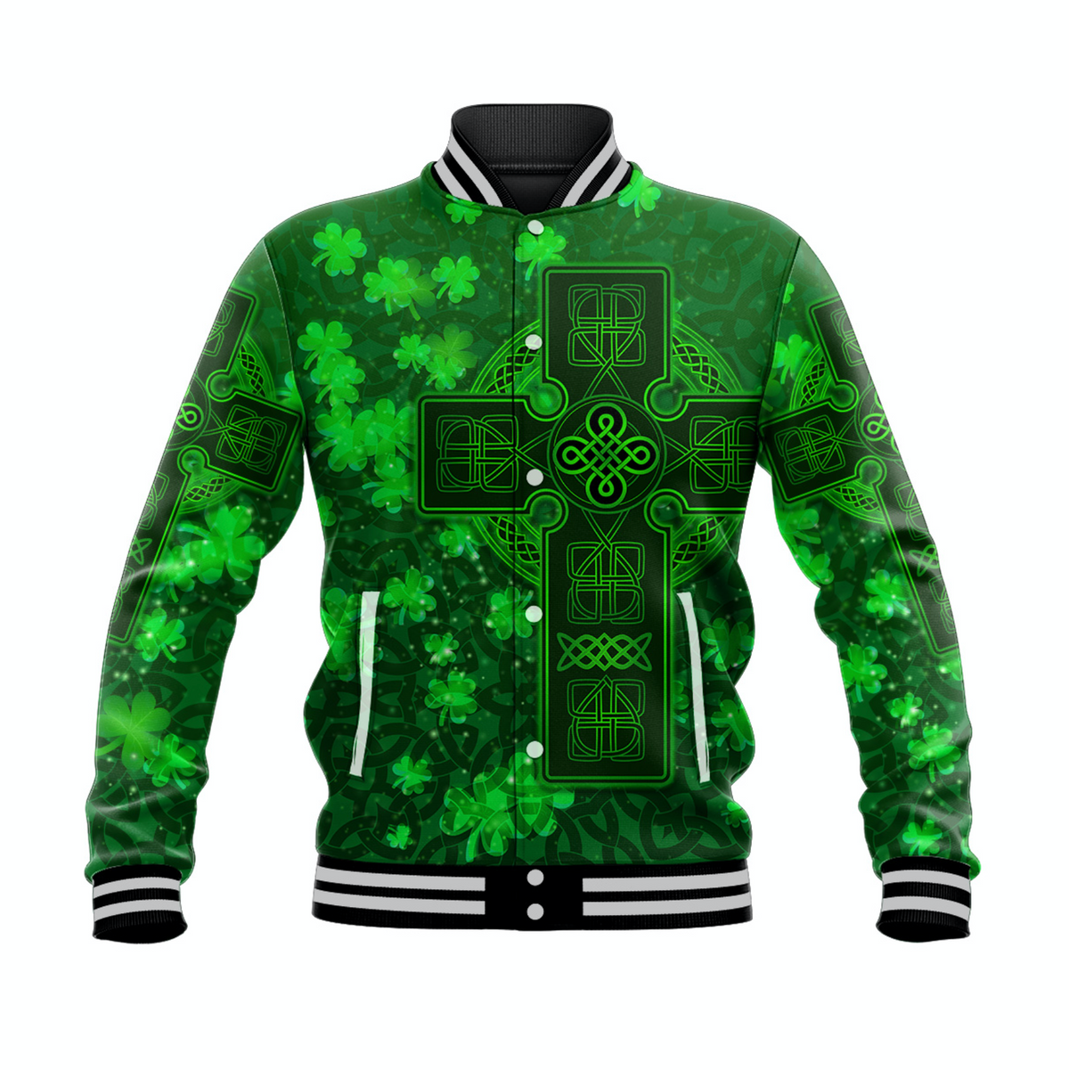 Green unisex baseball jacket with Celtic cross and shamrock neon front print