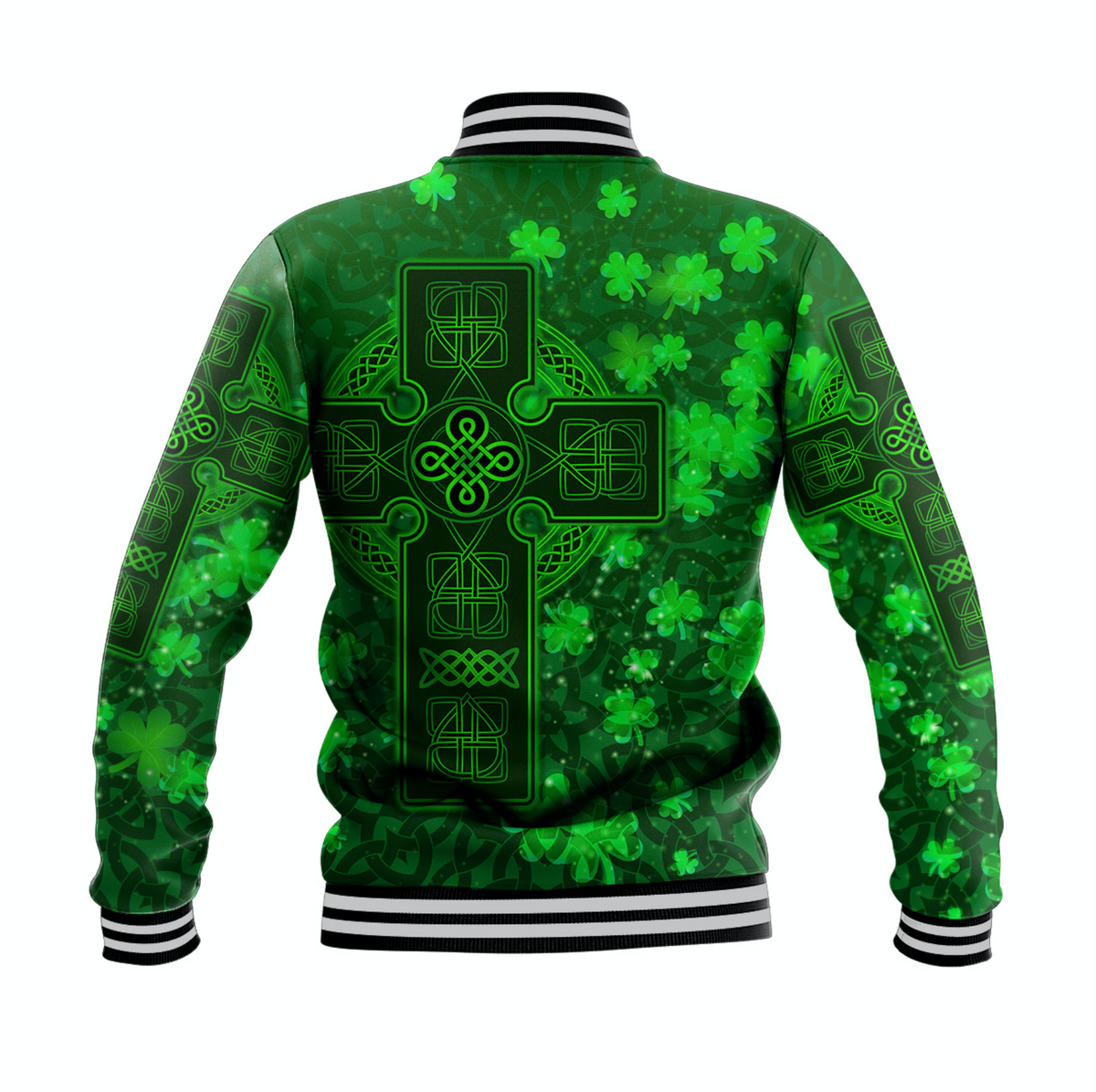Back view: green unisex baseball jacket with Celtic cross and shamrock neon print