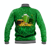Green back baseball jacket with shamrock, beer mug and “Happy St. Patrick’s Day” text