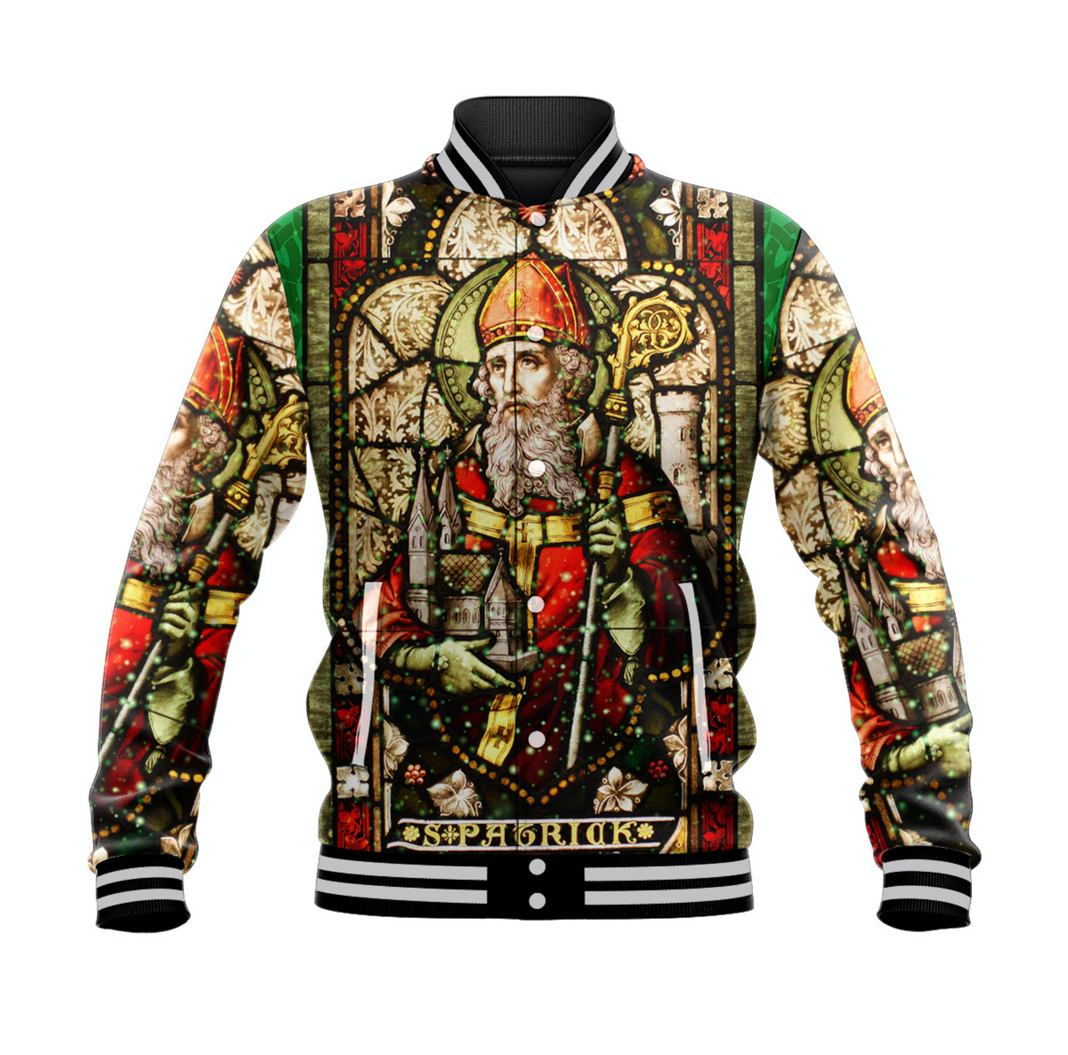 Multicolor Saint Patrick graphic baseball jacket, ribbed collar and striped cuffs