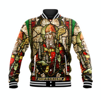 Multicolor Saint Patrick graphic baseball jacket, ribbed collar and striped cuffs