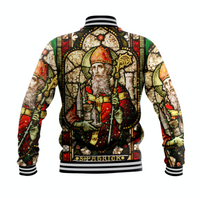 Back view: Multicolor Saint Patrick graphic baseball jacket with ribbed collar and hem stripes